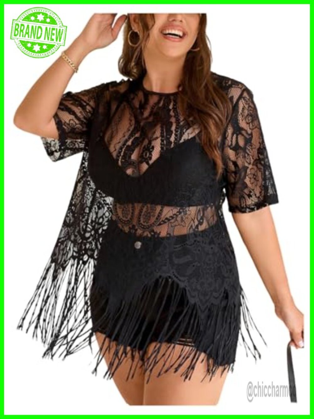 Plus Size Fringe Lace Tassel Hem Short Sleeve Boho Top